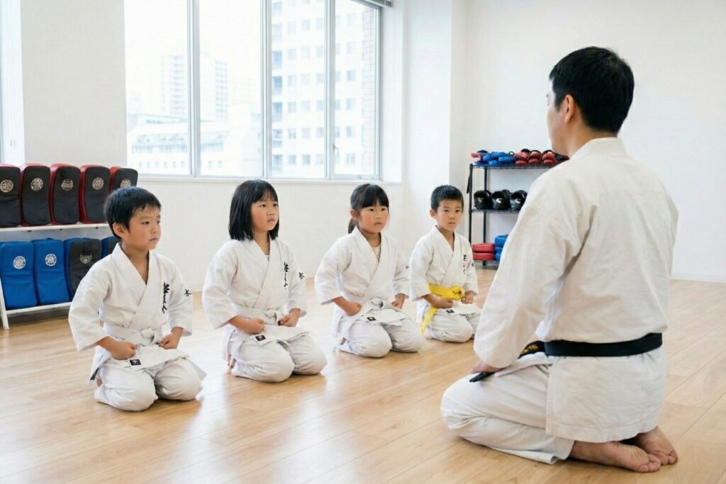 空手の基本稽古を受ける小学生達と先生