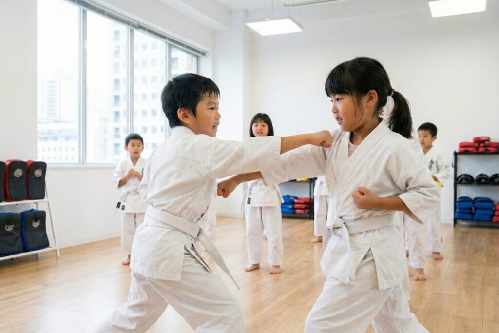 空手の組手をする小学生