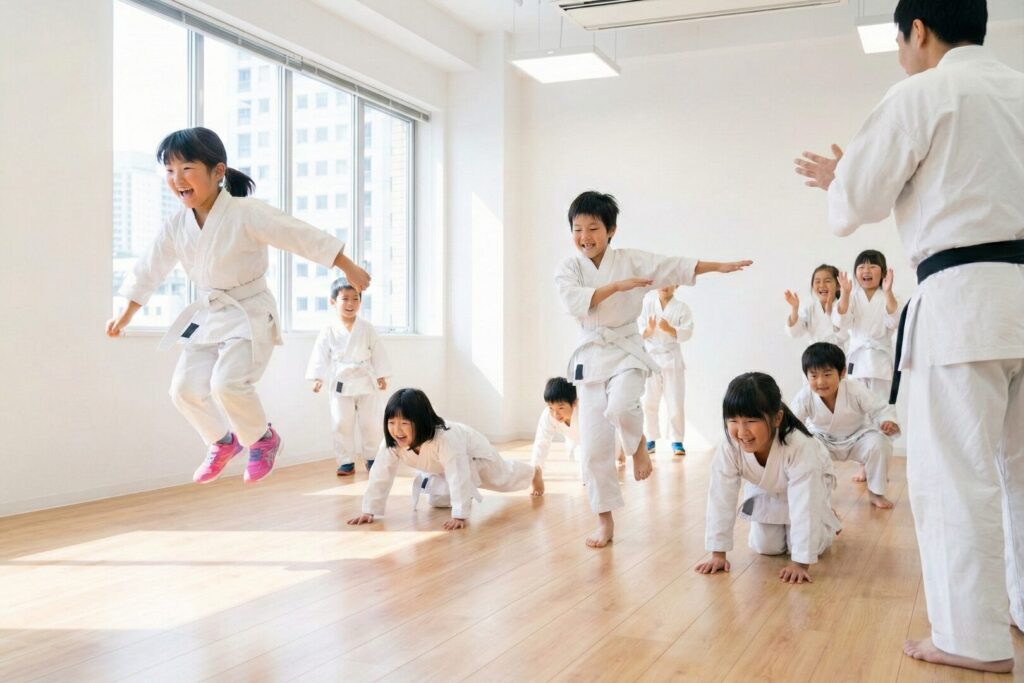 走る・跳ぶ・支えるなど、基礎体力を高めるトレーニングをする道着を着た小学生達